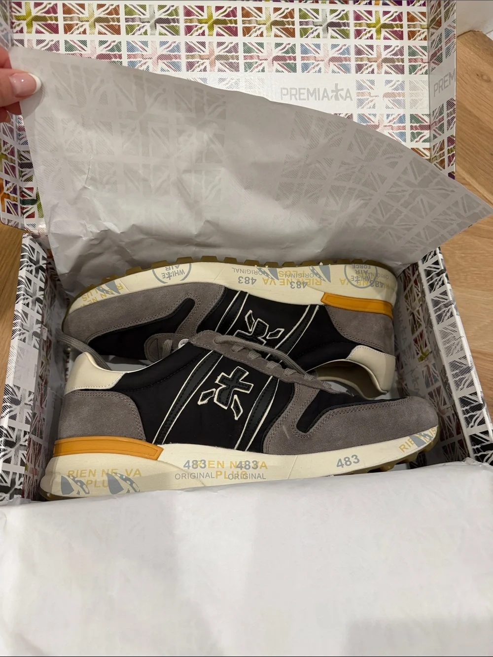 Premiata Men's Lander Black, Gray & Cream Suede Sneakers